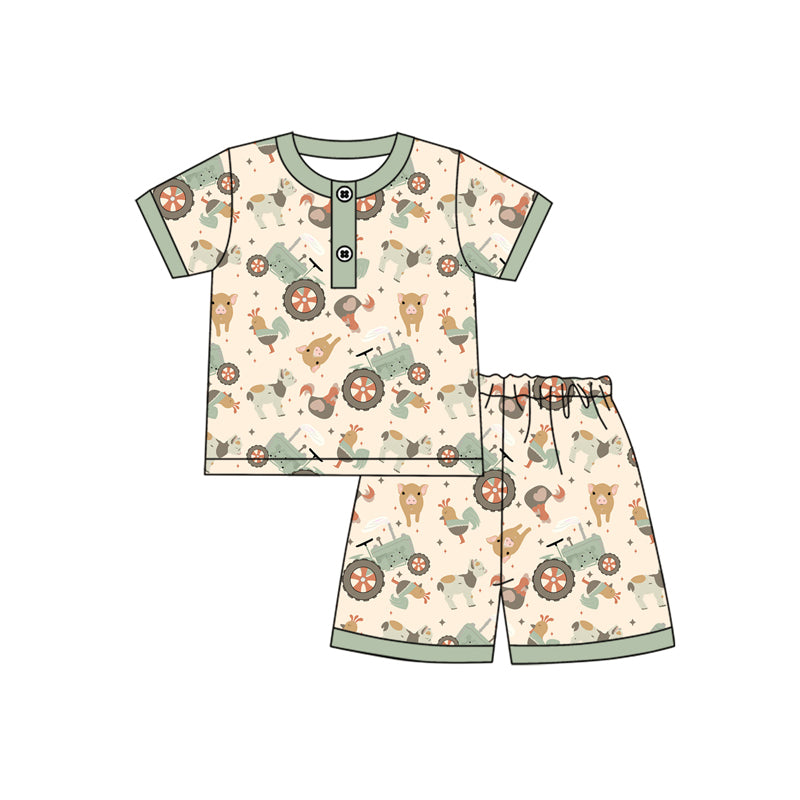 5.19 Pre order Kids Boys Farm Themed Pocket Top Chicken Pig Tractor Short Set - Casual Cotton Clothing
