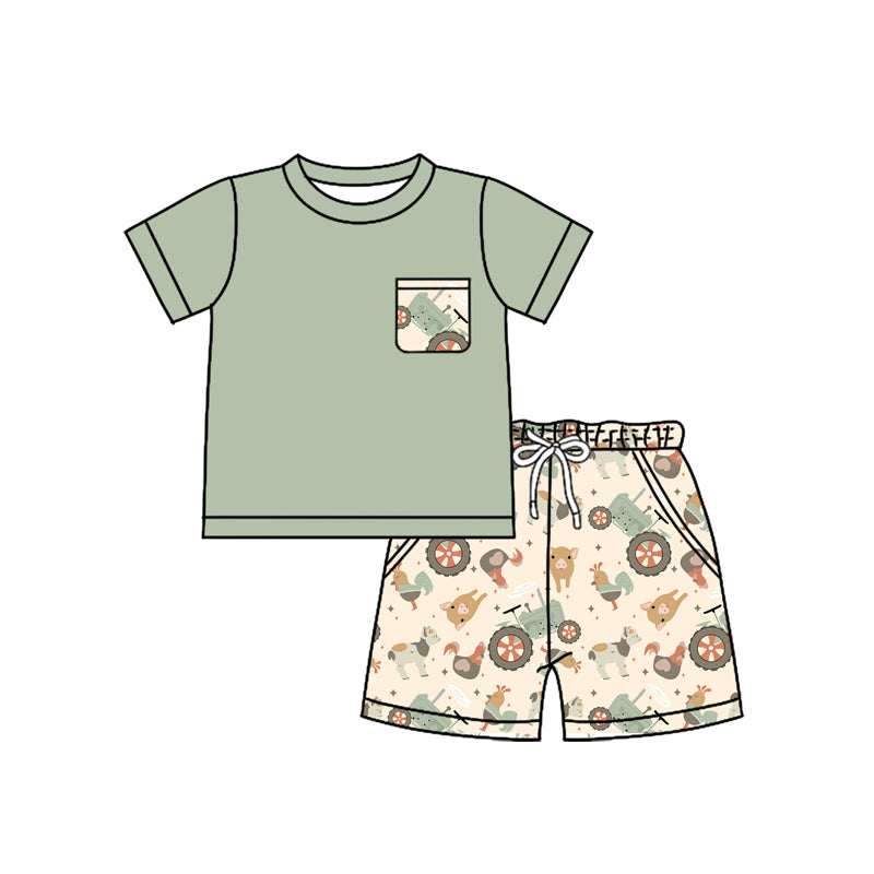 5.19 Pre order Kids Boys Farm Themed Pocket Top Chicken Pig Tractor Short Set - Casual Cotton Clothing