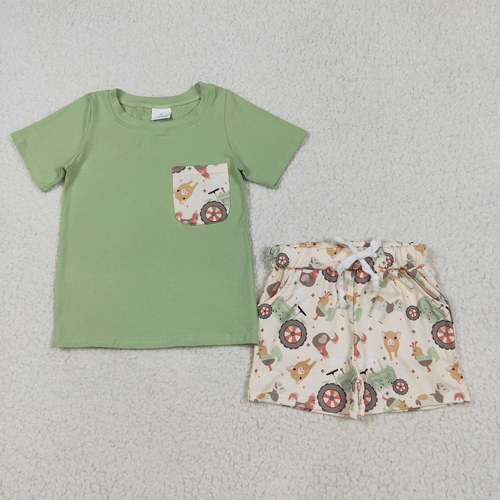 7.14 BSSO1460RTS NO MOQ Baby Boys Summer Boys Outfits Baby Boys Pocket Top Chicks Pigs Short Farm Set