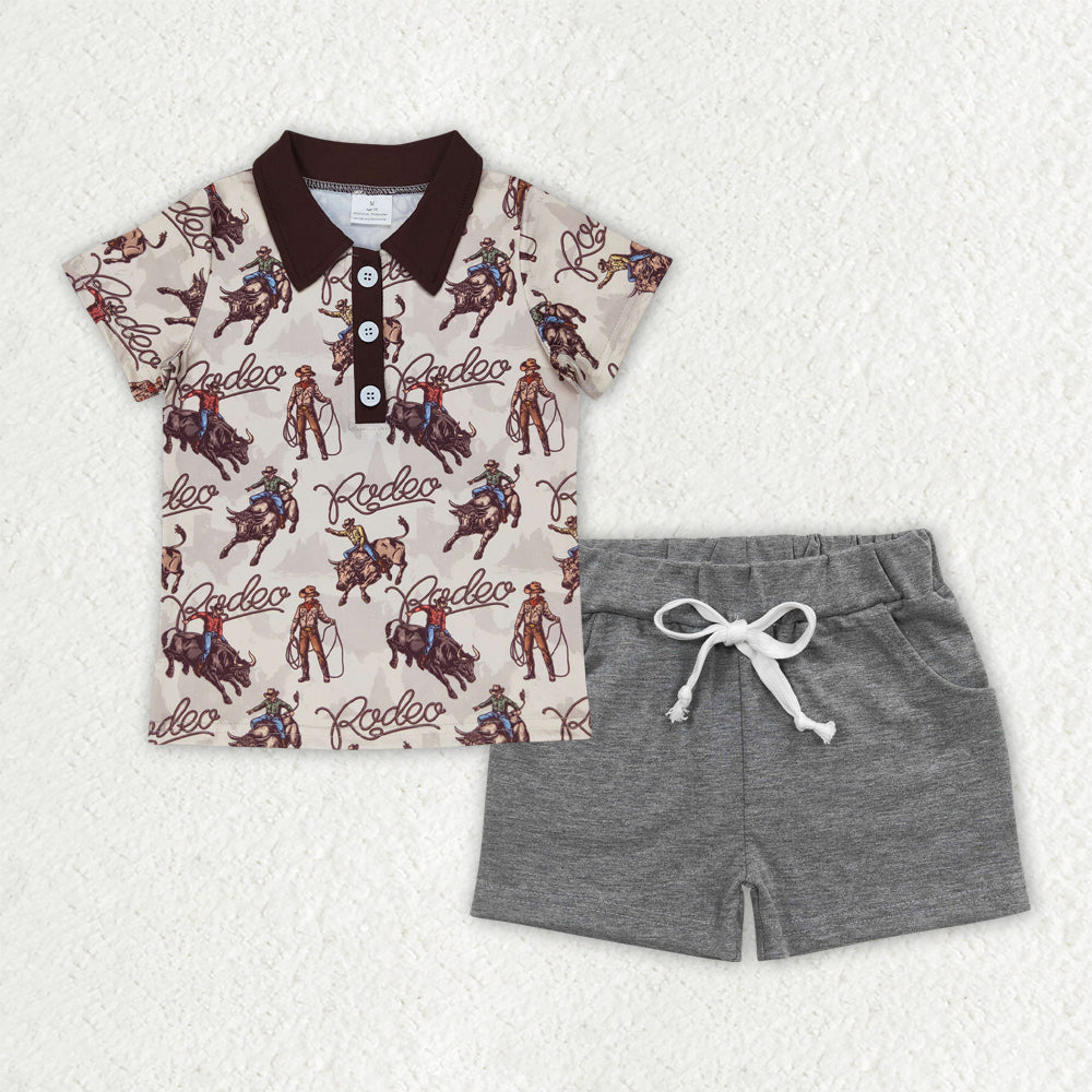 6.13 BSSO1466 RTS NO MOQ Baby Boys Western Rodeo Pullovers Shirt Grey Shorts Outfits Sets
