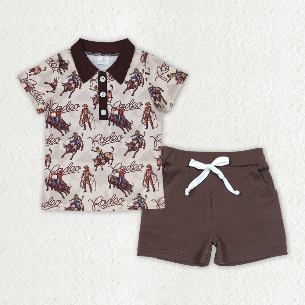 6.13 BSSO1467 RTS NO MOQ Baby Boys Western Rodeo Pullovers Shirt Brown Shorts Outfits Sets