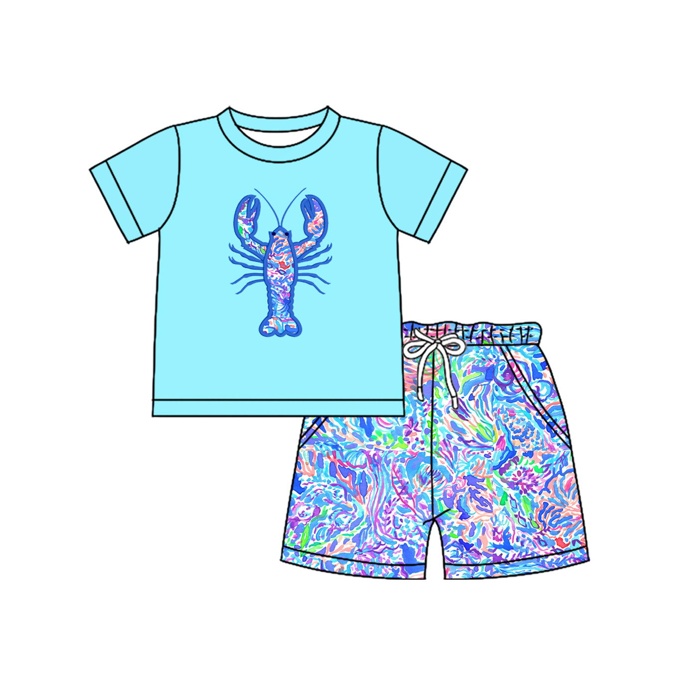 8.26 Pre order Baby Girls Baby Boys Blue Short Sleeves Floral Crayfish Top Pockets Short Set