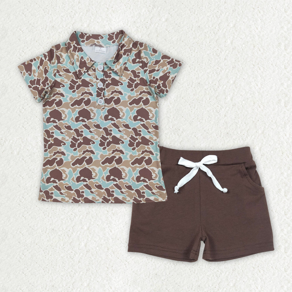 BSSO1486 RTS NO MOQ Baby Boys Summer Boys Outfits Baby Boys Camo Polo Top Brown Shorts Outfit