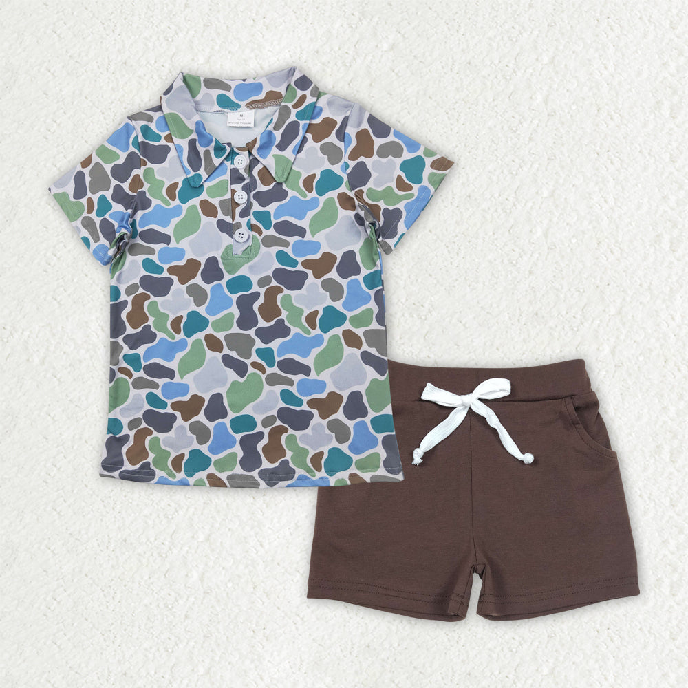 6.19 BSSO1492 RTS NO MOQ Baby Boys Summer Boys Outfits Baby Boys Blue Camouflage Top Brown Shorts Set