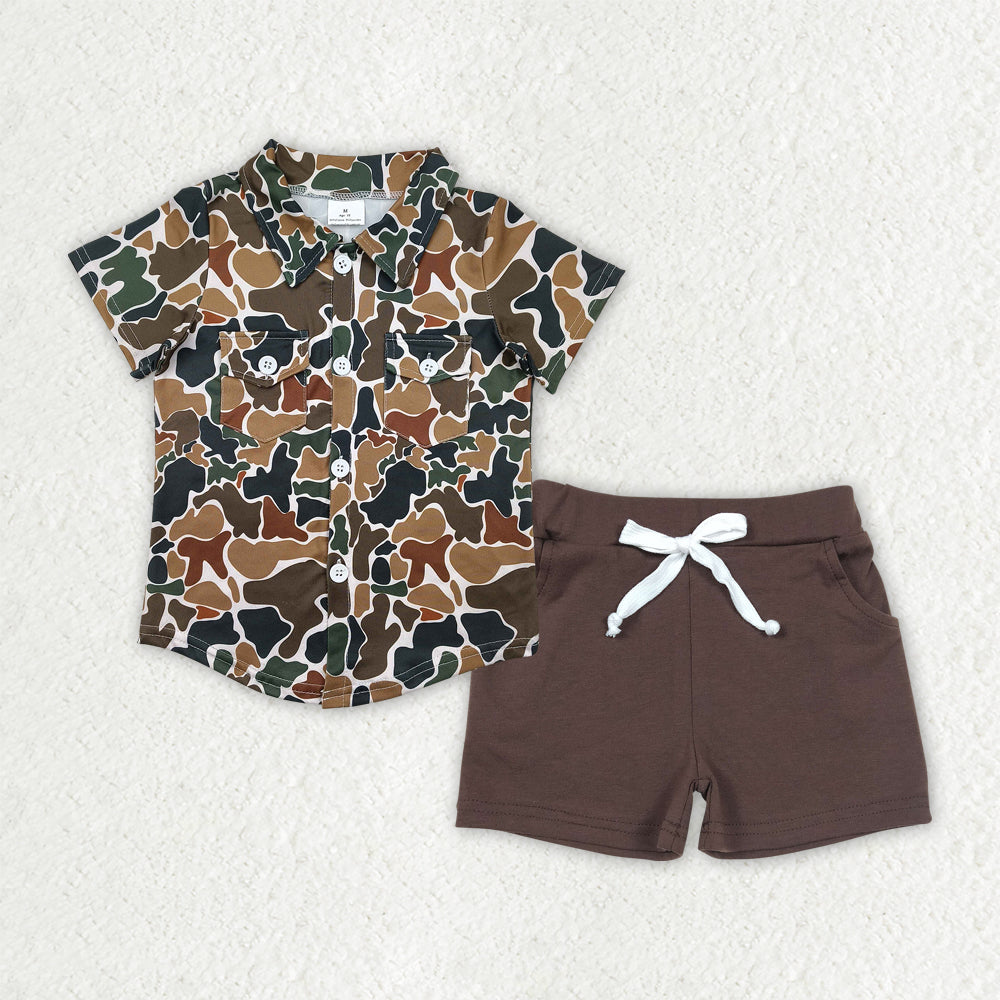 7.17 BSSO1513 RTS NO MOQ Baby Boys Summer Boys Outfits Baby Boys Brown Camouflage Button Pockets Shirts Top Cotton Shorts Sets