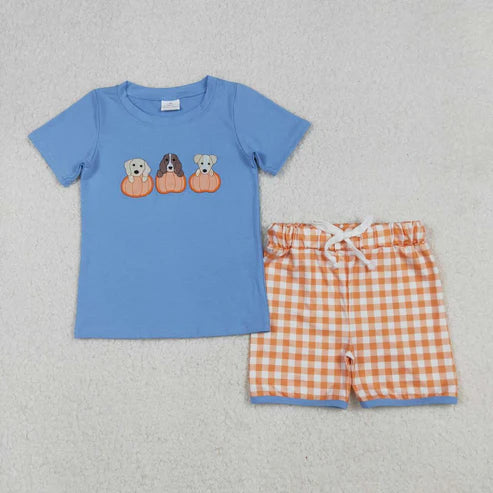 9.19 RTS Sibling Baby Boys Girls Embroidery Pumpkins Dogs Shorts Clothes Sets Rompers