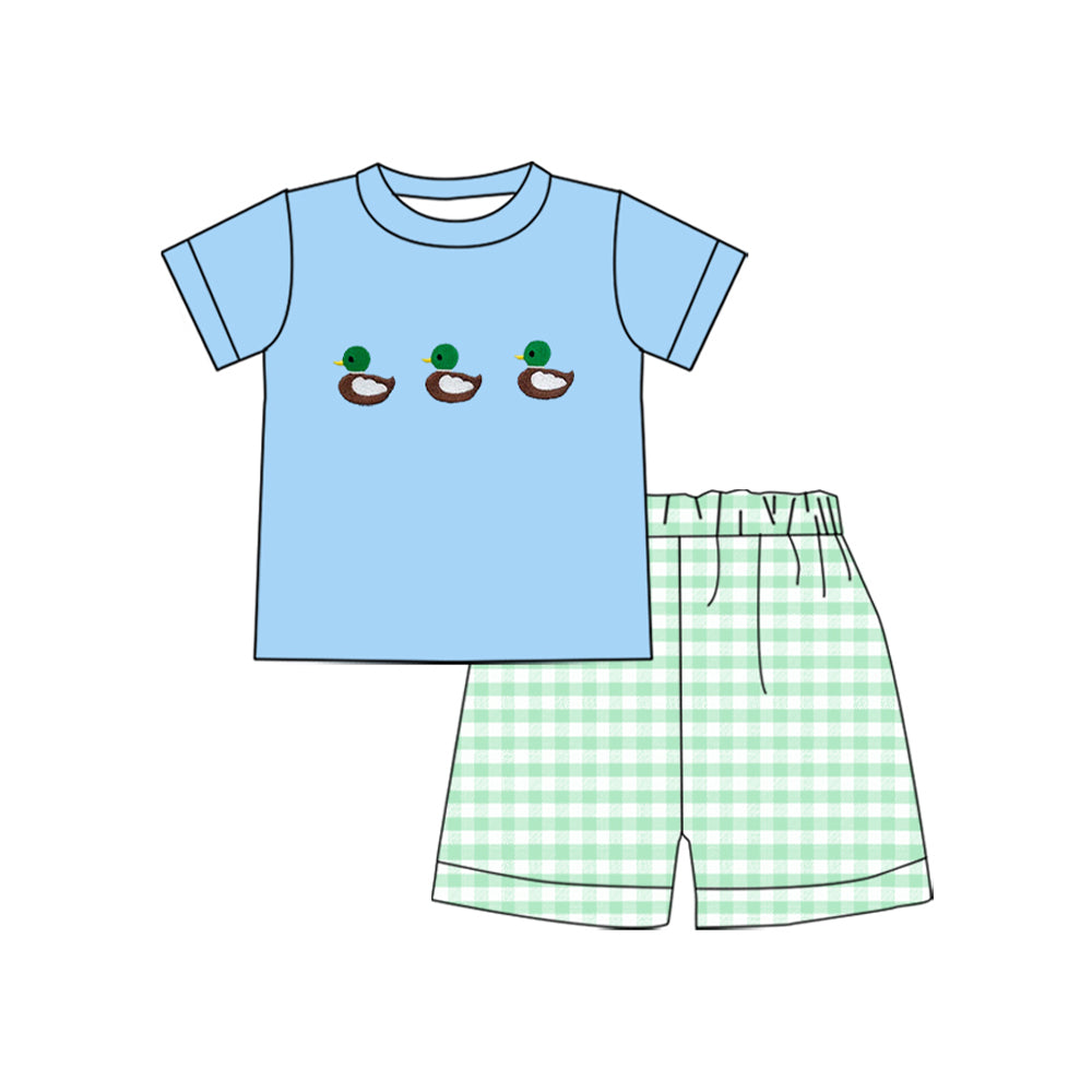 10.3 BSSO1558 Pre order No Moq Baby Boys Blue Short Sleeve Ducks Top Aqua Checked Shorts Clothes Sets