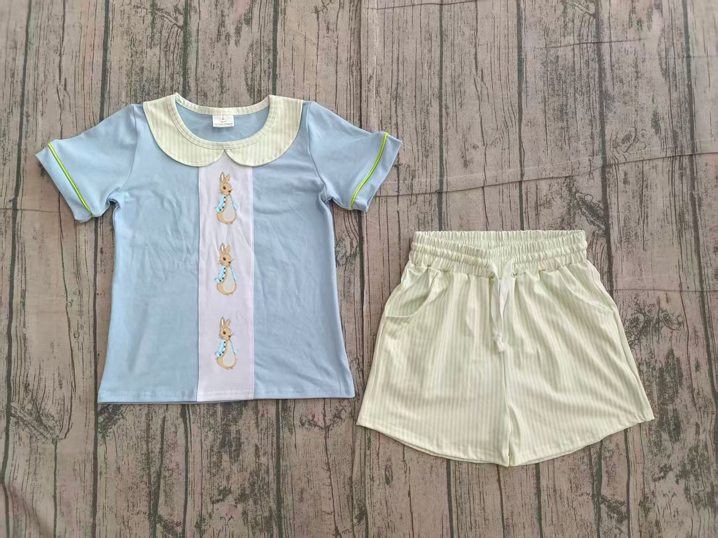 2.11 BSSO1564 Sample No Moq Summer Embroidery Rabbits Baby Boys Collar Top Stripe Pockets Shorts Easter Clothes Sets