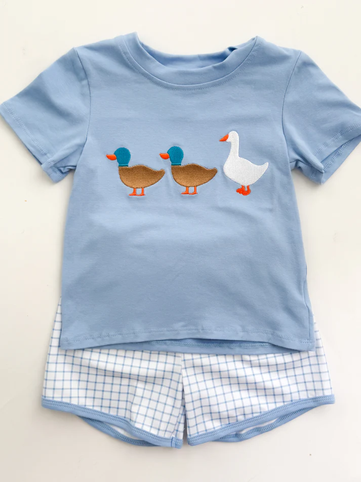10.11 BSSO1567 Pre order No Moq Baby Boys Ducks Goose Top Checked Shorts Clothes Sets