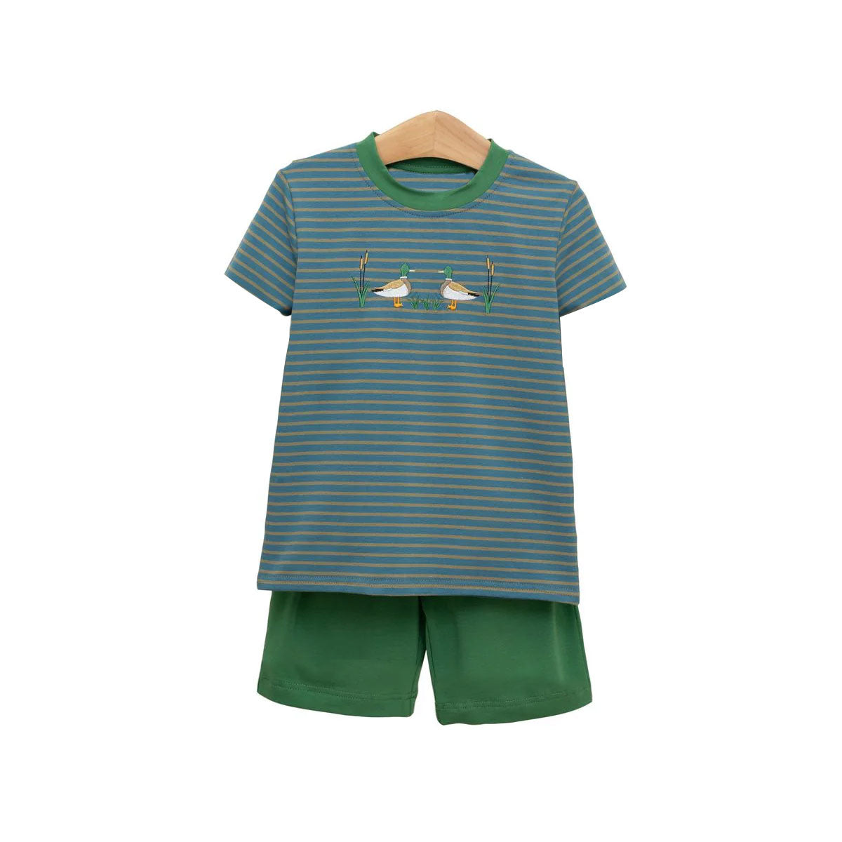 10.11 BSSO1568 Pre order No Moq Baby Boys Green Stripe Ducks Top Shorts Clothes Sets
