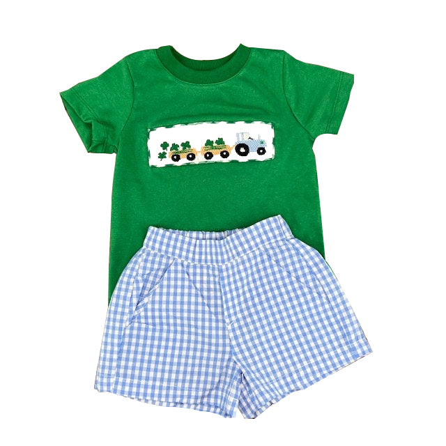 10.14 BSSO1571 Pre order No Moq Baby Boys Trucks Clovers Top Pockets Checked Shorts St Patrick Clothes Sets