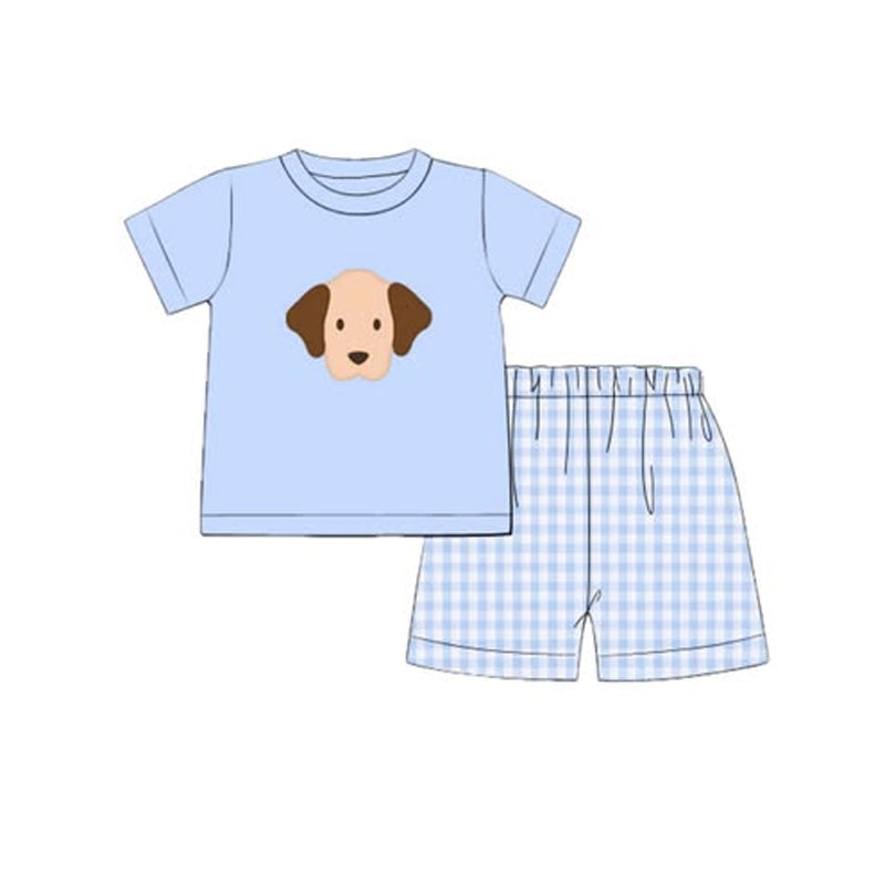 10.14 BSSO1572 Pre order No Moq Baby Boys Light Blue Short Sleeve Dogs Top Checked Shorts Clothes Sets