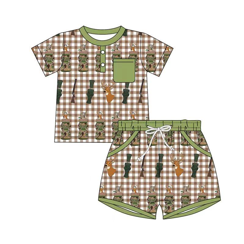 10.16 BSSO1574 Pre order No Moq Baby Boys Camo Calls Deer Button Top Pocket Shorts Hunting Clothes Sets
