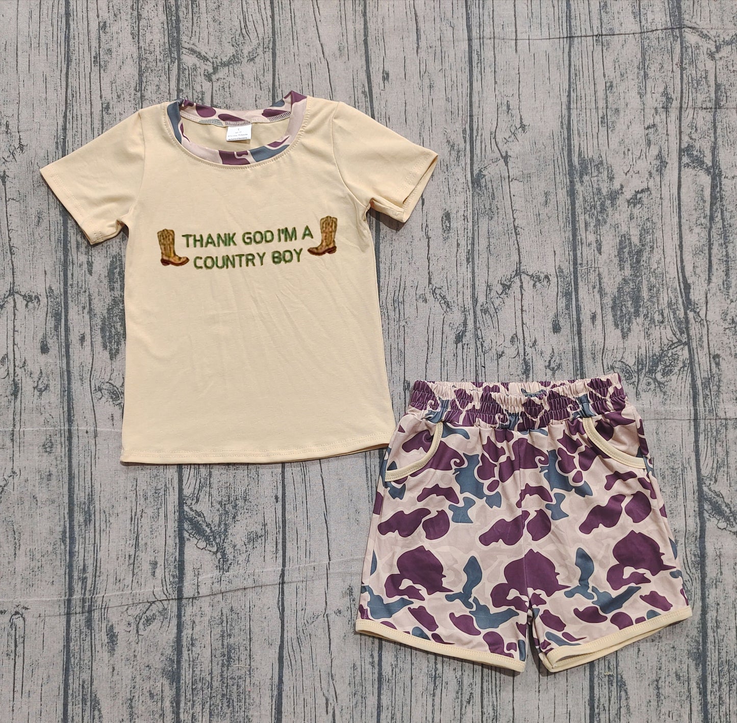 11.13 BSSO1577 Sample No Moq Embroidery Country Boy Boots Top Camo Pockets Shorts Western Clothes Sets