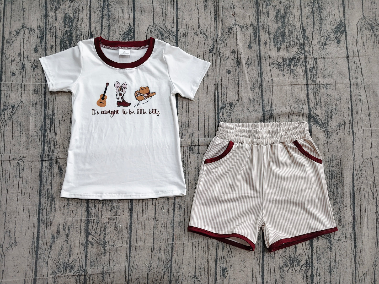 4.25 BSSO1578 Sample No Moq Baby Boys Boots Hat Guitar Top Stripe Pockets Shorts Western Clothes Sets