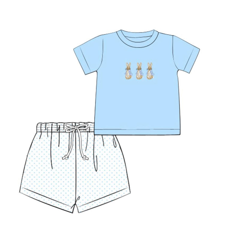 10.20 BSSO1579 Pre order No Moq Baby Boys Blue Rabbits Top Polka Dots Shorts Easter Clothes Sets