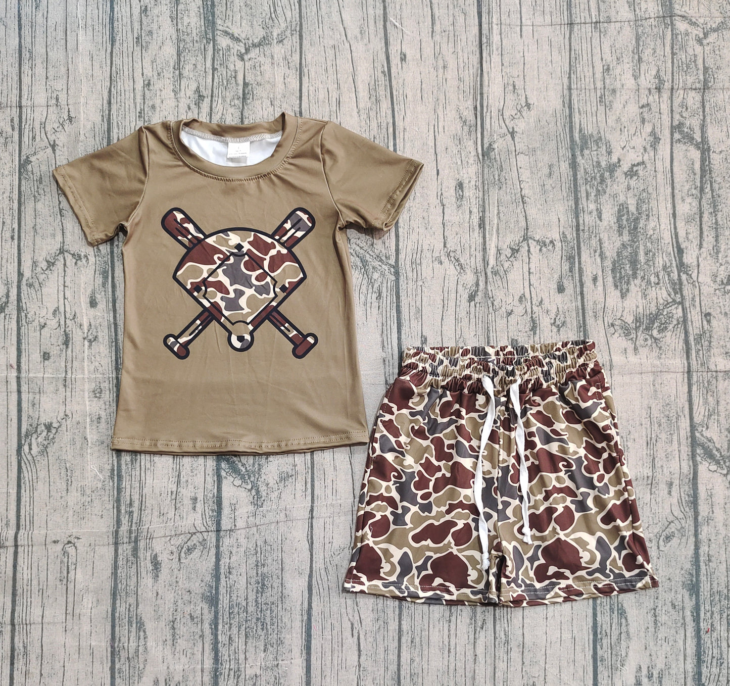 10.27 BSSO1593 Sample No Moq Baby Girls Dark Brown Camo Baseball Top Shorts Team Clothes Sets
