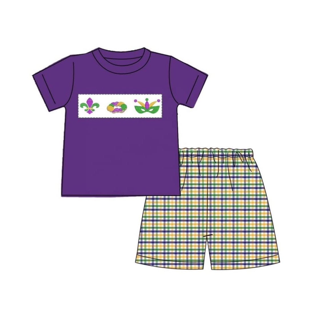 10.22 BSSO1603 Pre order No Moq Baby Boys Mardigras Anchor Donuts Top Checked Shorts Clothes Sets