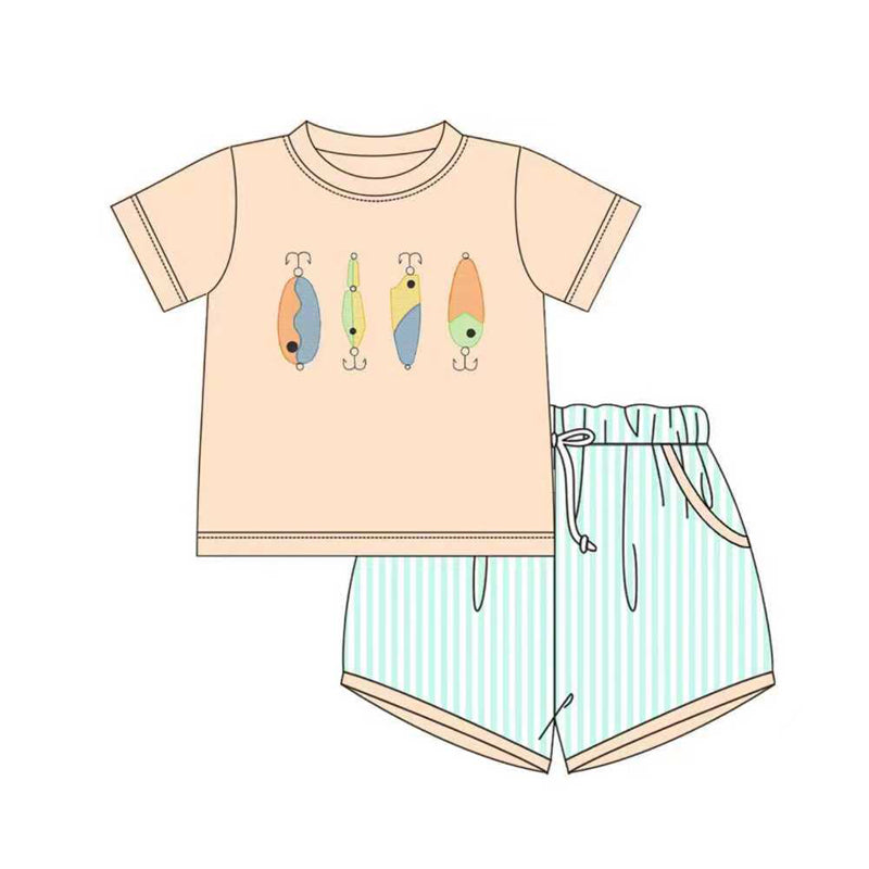 10.23 (Pre Order) No moq BSSO1606 PRE-ORDER Baby Boys Fishing Top Stripe Pockets Shorts Clothes Sets