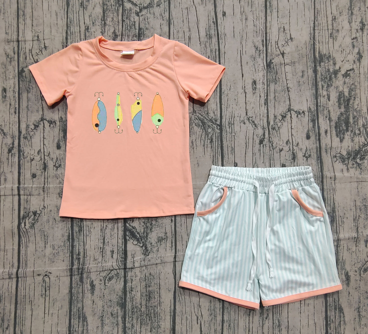 11.13 BSSO1606 Sample No Moq Embroidery Fishing Baby Boys Shirts Stripe Pockets Shorts Hunting Clothes Sets