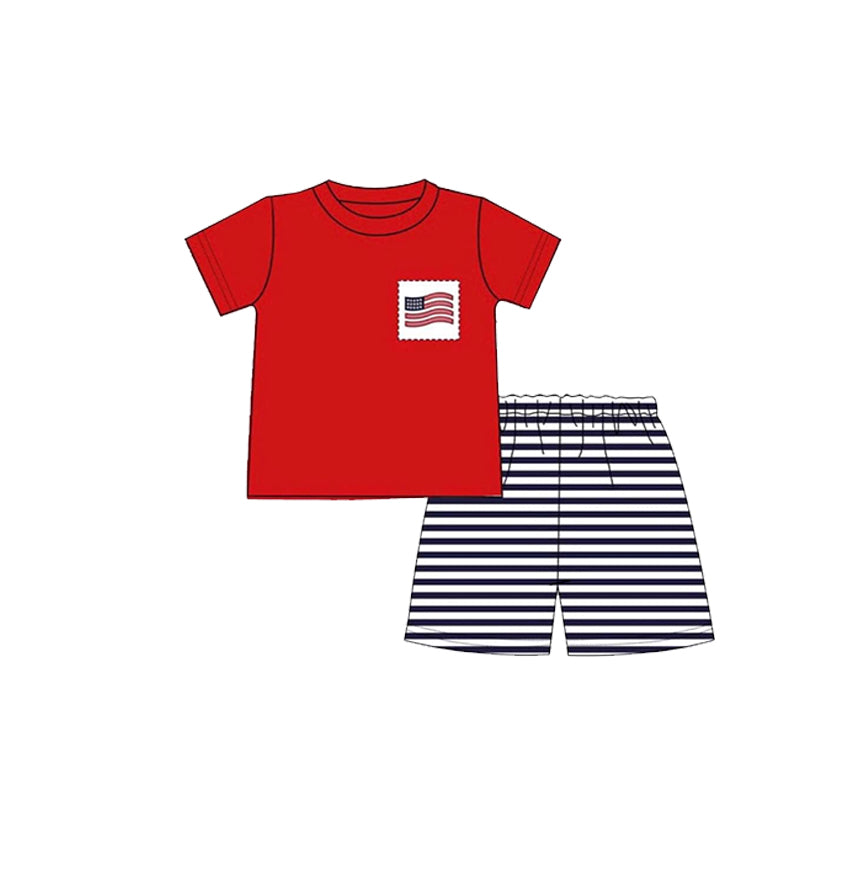 10.23 (Pre Order) No moq BSSO1608 PRE-ORDER Baby Boys Flag Pocket Top Stripe Shorts July 4th Clothes Sets