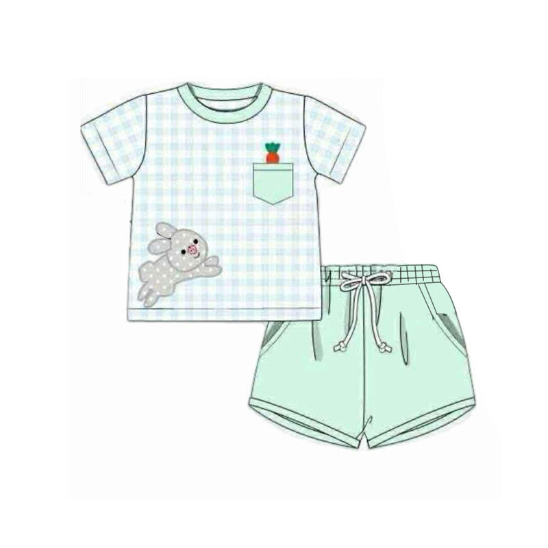 10.27 BSSO1614 Pre order No Moq Baby Boys Checked Rabbits Carrots Pockets Shorts Easter Clothes Sets