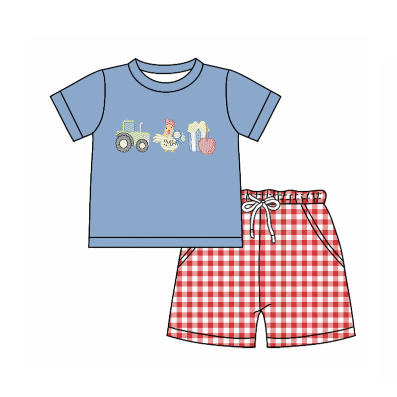 10.27 BSSO1620 Pre order No Moq Baby Boys Trucks Chicks Top Checked Pockets Shorts Farm Clothes Sets