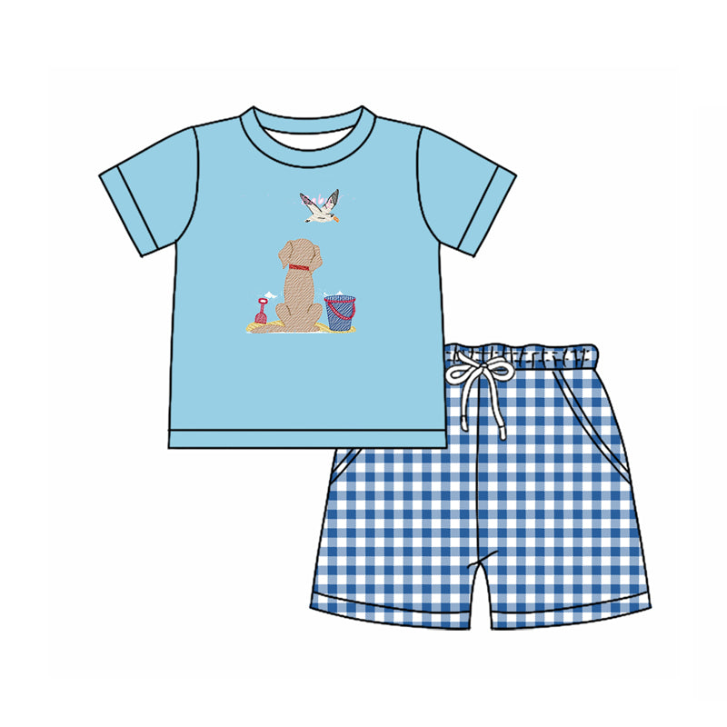 10.27 BSSO1623 Pre order No Moq Baby Boys Bird Dogs Beach Top Checked Pockets Shorts Clothes Sets