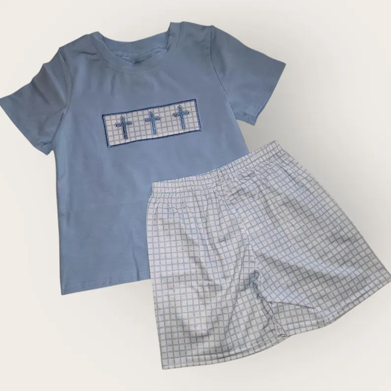 10.27 BSSO1624 Pre order No Moq Baby Boys Blue Crosses Top Checked Shorts Easter Clothes Sets