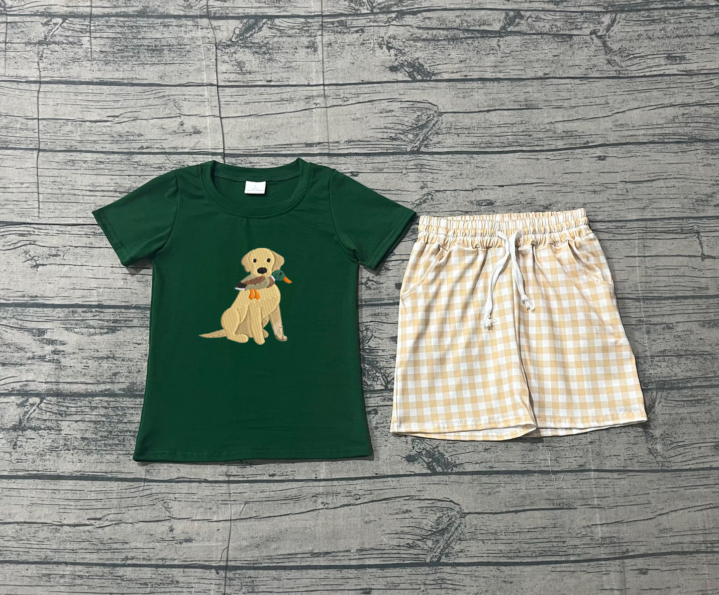 12.24 BSSO1636 Sample No Moq Embroidery Duck Dogs Baby Boys Top Checked Pockets Shorts Hunting Clothes Sets