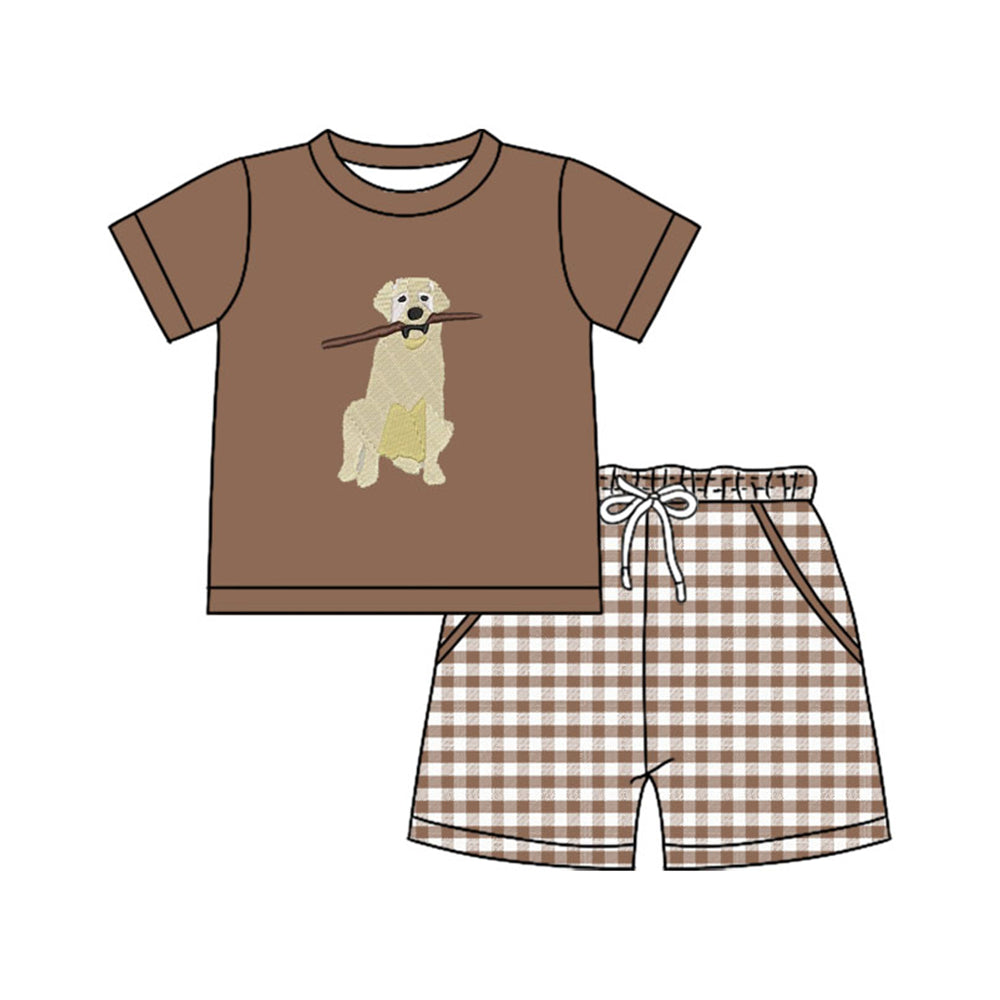 10.31 BSSO1637 Pre order No Moq Baby Boys Brown Dogs Top Checked Pockets Shorts Hunting Clothes Sets
