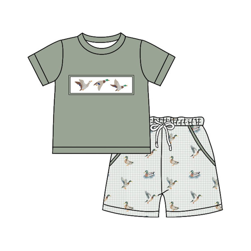 10.31 BSSO1639 Pre order No Moq Baby Boys Grey Ducks Top Checked Pockets Shorts Hunting Clothes Sets