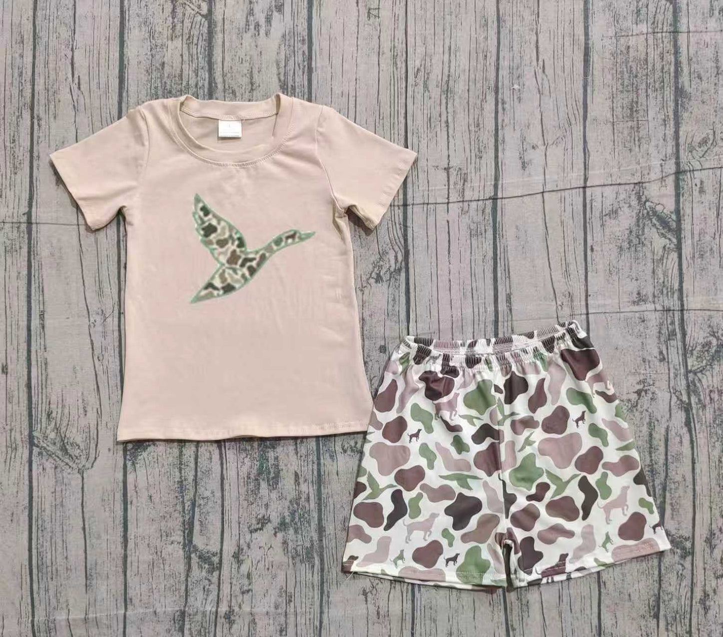 11.26 BSSO1646 Sample No Moq Embroidery Camo Ducks Baby Boys Top Shorts Hunting Clothes Sets