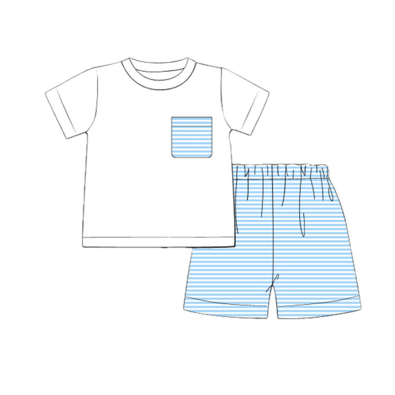 11.6 BSSO1649 Pre order No Moq Baby Boys Short Sleeve Pocket Top Blue Stripe Shorts Clothes Sets