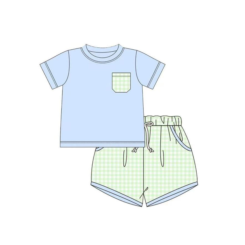 11.6 BSSO1650 Pre order No Moq Baby Boys Short Sleeve Pocket Top Green Checked Short Clothes Sets