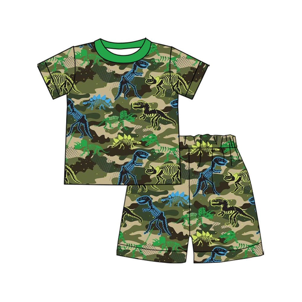 11.11 BSSO1663 Pre order No Moq Baby Boys Green Camo Dinosaurs Top Shorts Western Clothes Sets