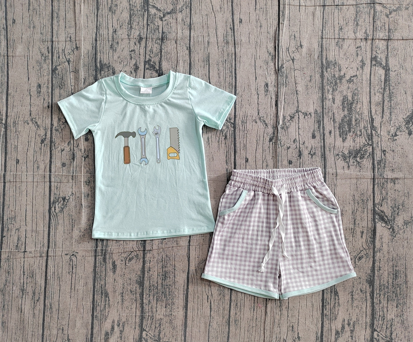 2.4 BSSO1666 Sample No Moq Embroidery Tools Baby Boys Top Checked Pockets Shorts Clothes Sets