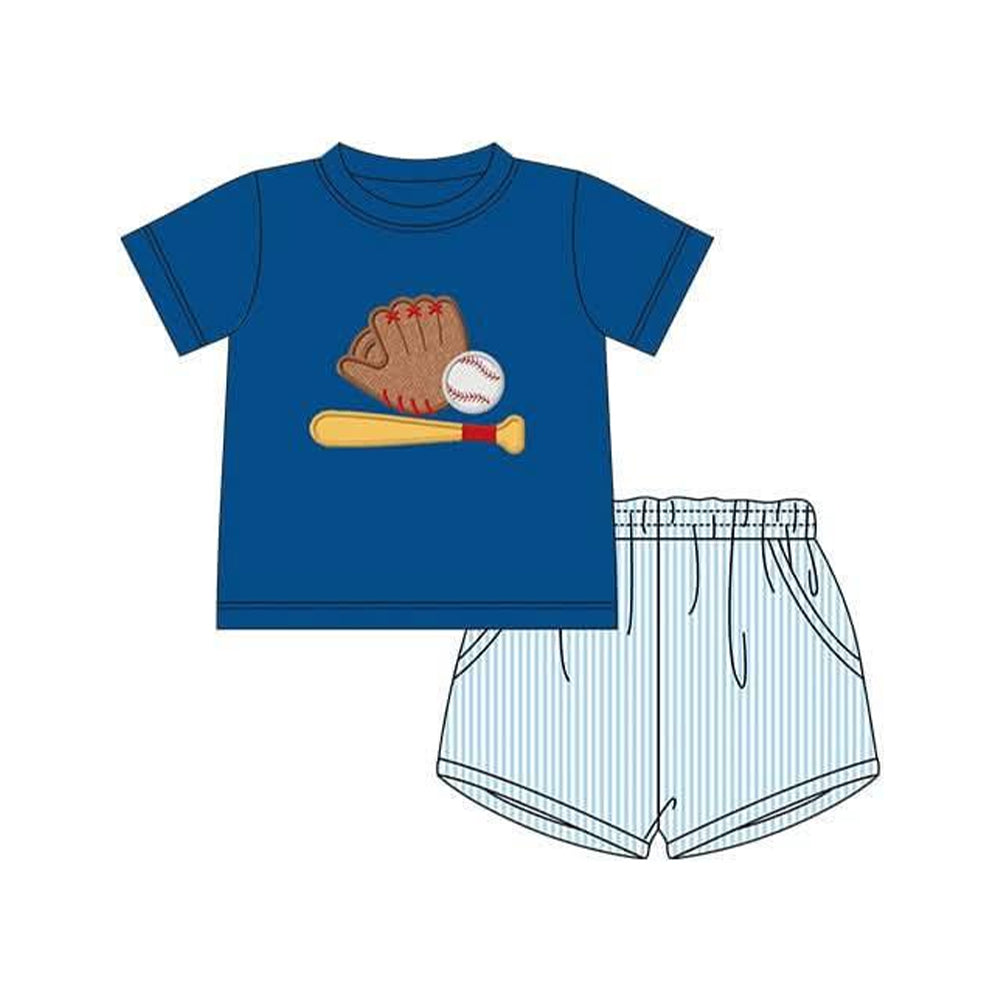 11.14 BSSO1670 Pre order No Moq Baby Boys Blue Baseballs Top Pockets Stripe Shorts Team Clothes Sets