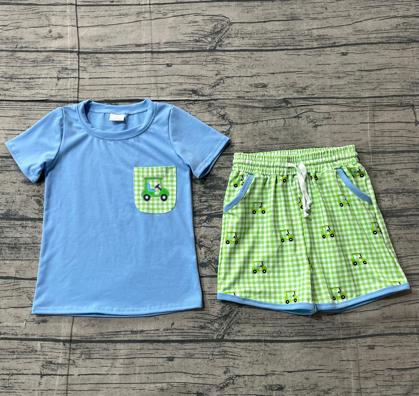 12.25 BSSO1672 Sample No Moq Embroidery Golf Trucks Baby Boys Pockets Top Checked Shorts Clothes Sets