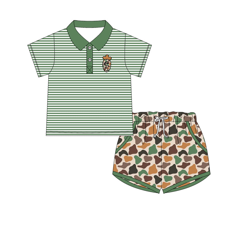11.14 BSSO1678 Pre order No Moq Baby Boys Green Stripe Camo Eggs Button Top Pockets Shorts Easter Clothes Sets