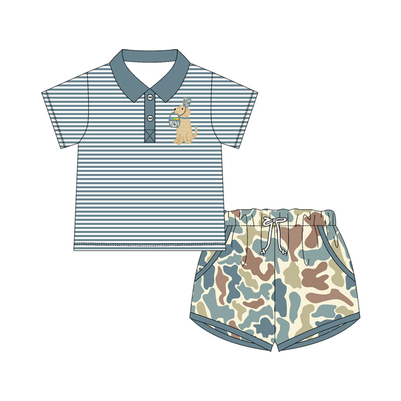 11.14 BSSO1679 Pre order No Moq Baby Boys Blue Stripe Camo Eggs Dogs Button Top Pockets Shorts Easter Clothes Sets