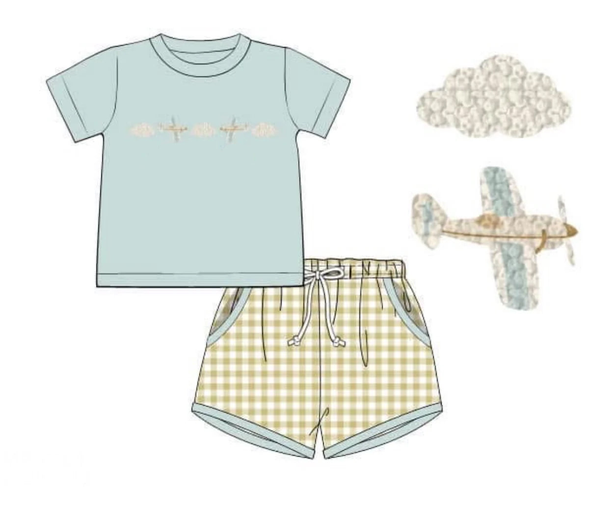 11.14 BSSO1684 Pre order No Moq Baby Boys Blue Air Planes Top Checked Pockets Clothes Sets