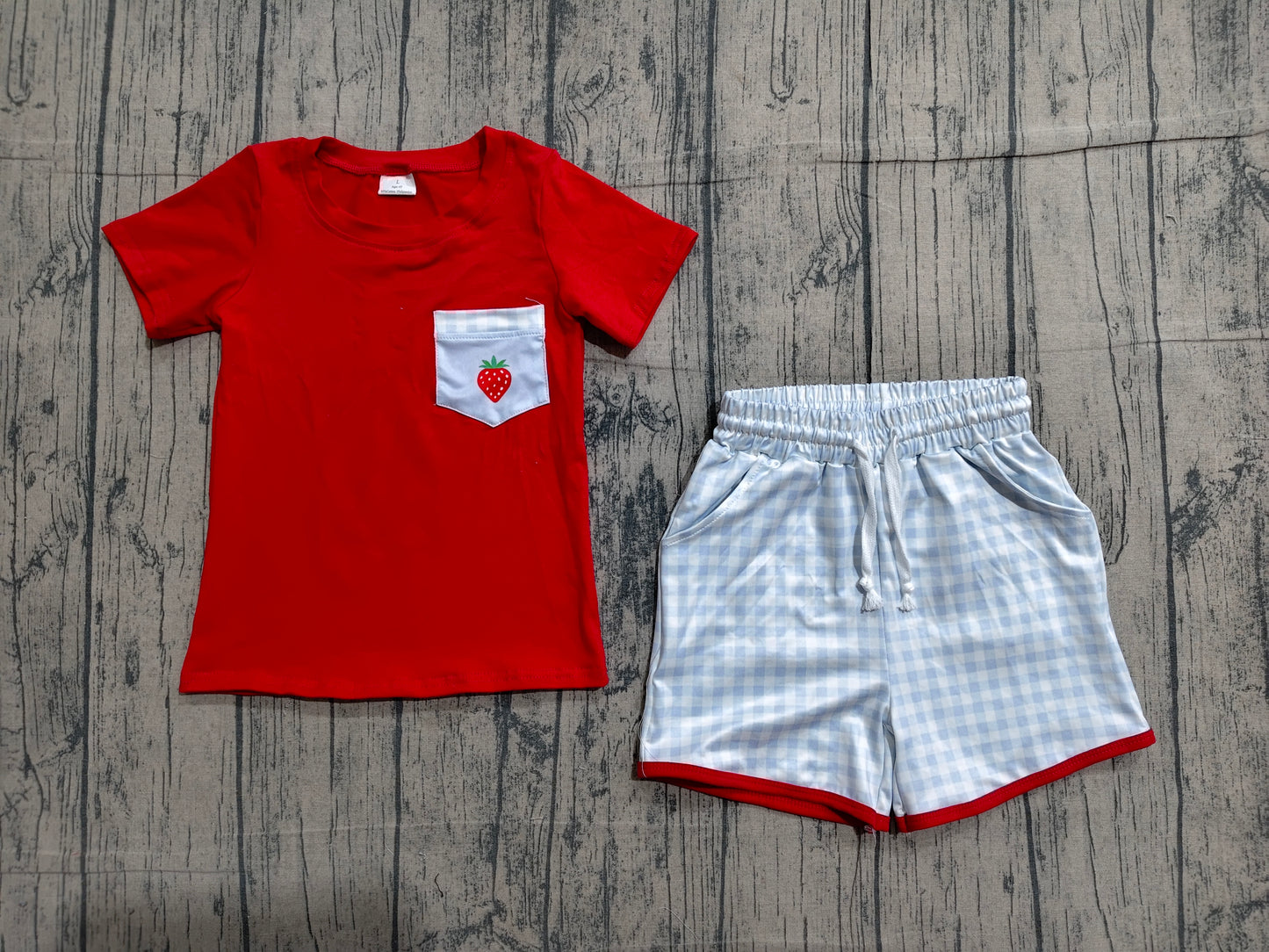 4.1 BSSO1692 Sample No Moq Baby Boys Strawberry Top Checked Pockets Shorts Clothes Sets Preorder