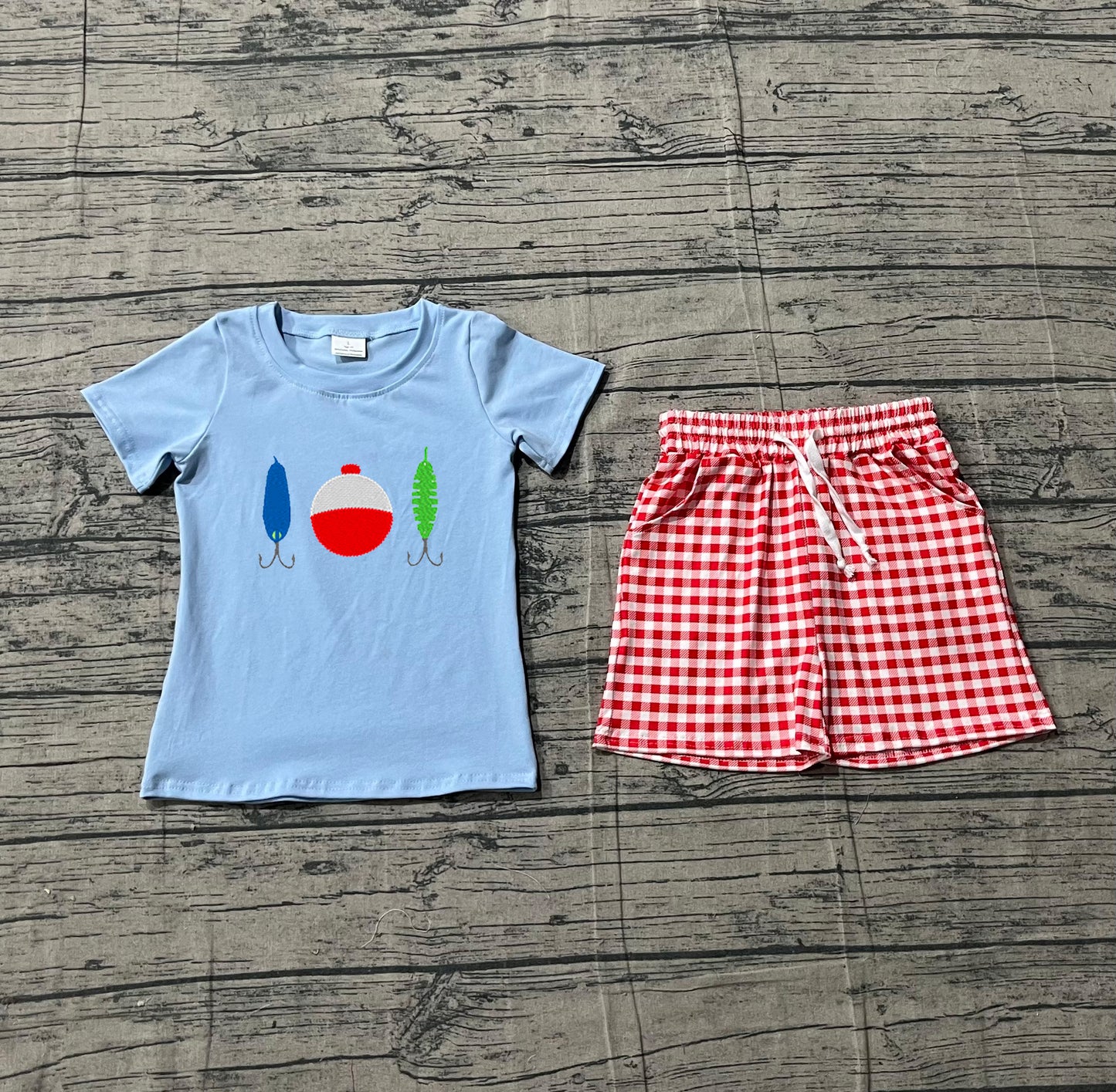 1.16 BSSO1699 Sample No Moq Embroidery Fishing Baby Boys Top Checked Pockets Shorts Hunting Clothes Sets