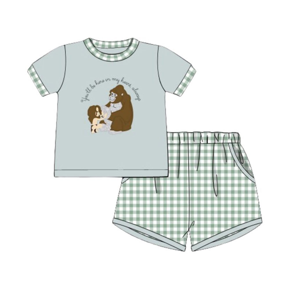 11.19 BSSO1702 Pre order No Moq Baby Boys Monkeys Top Green Checked Pockets Shorts Clothes Sets
