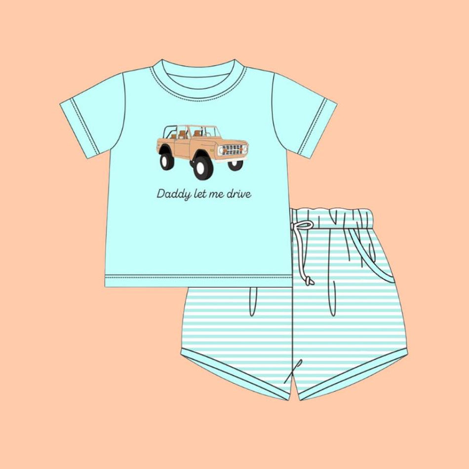 11.19 BSSO1704 Pre order No Moq Baby Boys Daddy Let Me Drive Top Pockets Stripe Shorts Clothes Sets