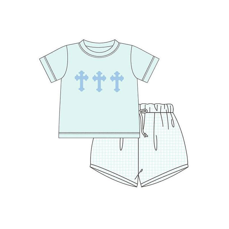 11.20 BSSO1706 Pre order No Moq Baby Boys Blue Short Sleeve Crosses Top Checked Shorts Easter Clothes Sets