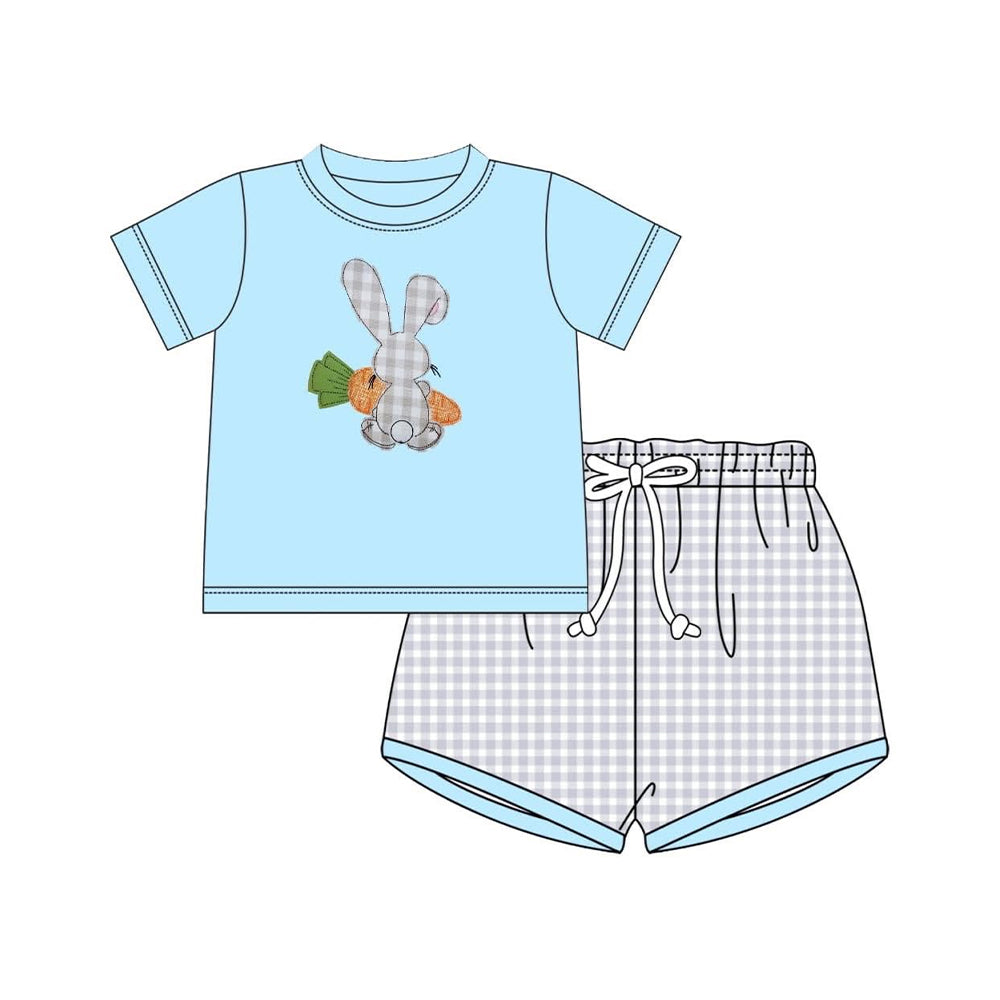 11.20 BSSO1707 Pre order No Moq Baby Boys Short Sleeve Rabbit Carrots Top Checked Shorts Easter Clothes Sets