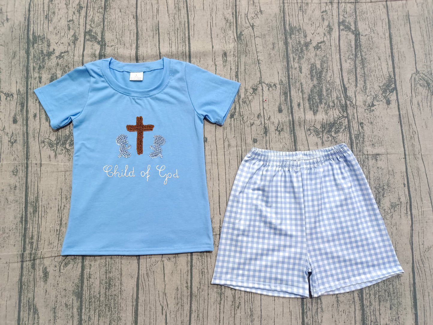 1.21 BSSO1714 Sample No Moq Embroidery Cross Baby Boys Child of God Top Checked Shorts Easter Clothes Sets