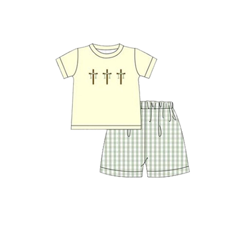 11.22 BSSO1717 Pre order No Moq Baby Boys Crosses Top Checked Shorts Easter Clothes Sets
